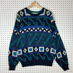 Trend Basics 90s Colorful Chunky Knit Sweater Large Tall LT Aztec Green Blue Y2K